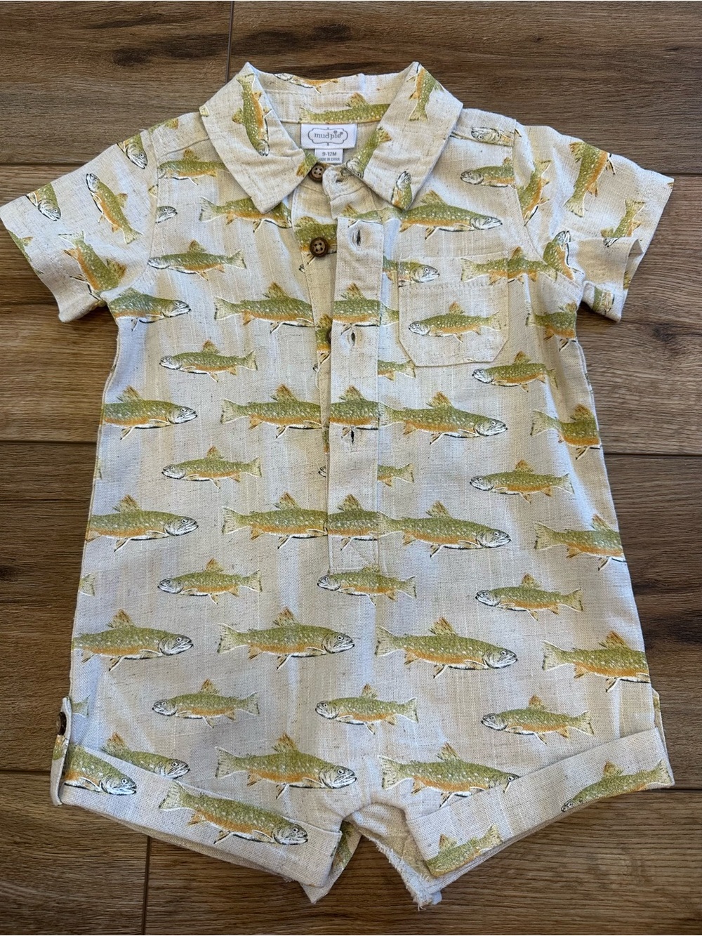 Mud Pie Boys Cream One-Piece with Green and Yellow Fish Print